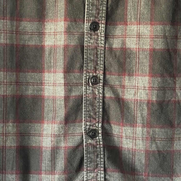 Roots dark grey and burgundy corduroy button down shirt size large may fit small - Picture 3 of 13